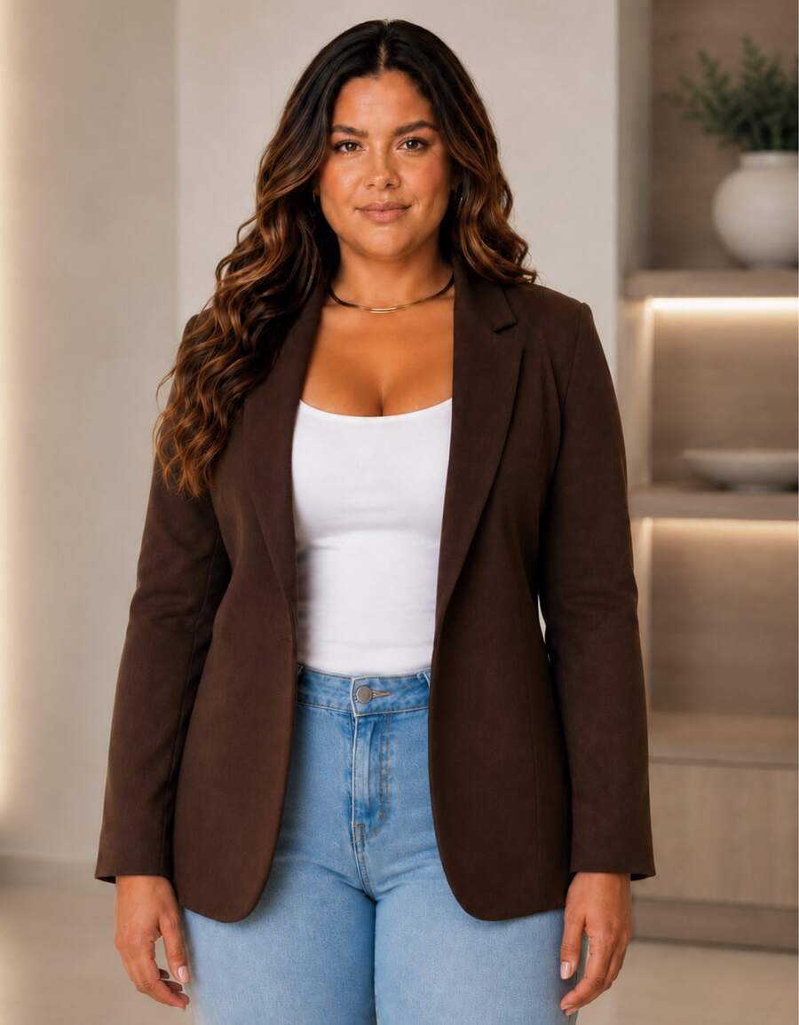 Plus Size Blazer, Luxury Women's Basic Suit, Autumn/Winter, Elegant Office Suit For Work, Tailored - Rust Brown - View 1