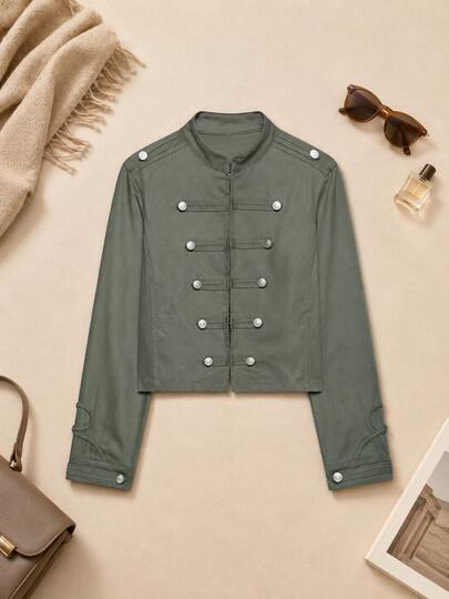 Women's Solid Color Stand Collar Casual Versatile Daily Wear Long Sleeve Jacket