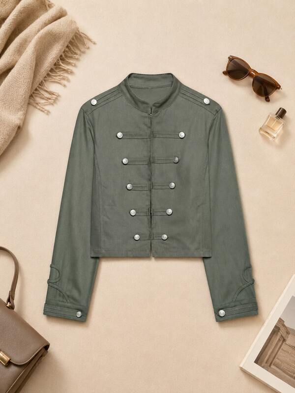 Women's Solid Color Stand Collar Casual Versatile Daily Wear Long Sleeve Jacket