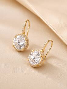 CHICAT 1 Pair Luxury Sparkling Round Cut Large Cubic Zirconia Halo Pendant Earrings, Elegant Bridal Dangle Earrings, Suitable For Wedding, Banquet, Party - Gold - View 5