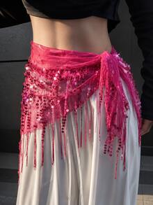 New Jazz Dance Hip Scarf Street Dance Waist Chain Hip Scarf Accessories Sequin Triangle Scarf Tassel Belt Waist Scarf Versatile - 玫紅色 - 查看 12