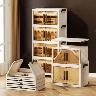 Caja de almacenamiento de plástico con tapa, gabinete de almacenamiento plegable, caja de almacenamiento con ruedas apilable multifuncional, gabinete de almacenamiento plegable, adecuado para dormitorios, baños, hogares, oficinas y dormitorios.