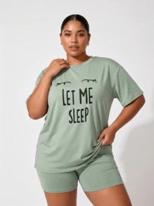 Snug League Plus Size Casual Outfit Set, Featuring Eye & Slogan Print Dropped Shoulder Short Sleeve Round Neck T-Shirt And Shorts Pajama Set, Suitable For Outdoor - Green - View 3