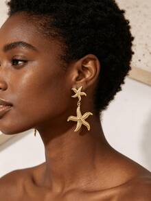 1 Pair Double Starfish Gold Dangle Earrings, Textured Ocean Design For Beach And Vacation Outfits. - Yellow Gold - View 5