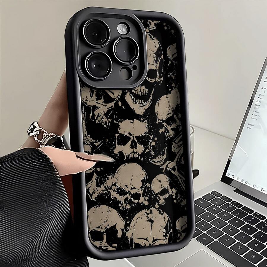 Dark Skeleton Patterned Phone Case, Compatible With Models Such As 16E/15/14/13/12/11/PRO/PLUS/PROMAX/MINI, S/A/M/NOTE, S/G/EDGE/E, Transition SPARK/HANTOM/CAMON/, Honor 400/PLAY/X/Y, Reno/A/F, 14//POCO/NOTE And Others. Transparent, Simple, Elegant And Durable, Made With Protective TPU Material. Ideal For Valentine's Day, Halloween, Christmas And Other Festive Occasions, Great For Personal Use Or As A Gift. - 黑色 - 查看 1