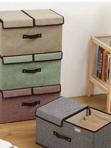 1pc Washable Linen Foldable CD Storage Box, Collapsible Storage Bin With Lid, Toy Organizer Basket, Laundry Basket - Khaki - View 9