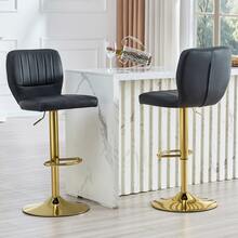 Height-Adjustable Bar Stool / 360° Swivel / With Backrest And Footrest / Upholstered In Leather / Load Capacity 136 Kg - 黑色+金色 - 查看 1