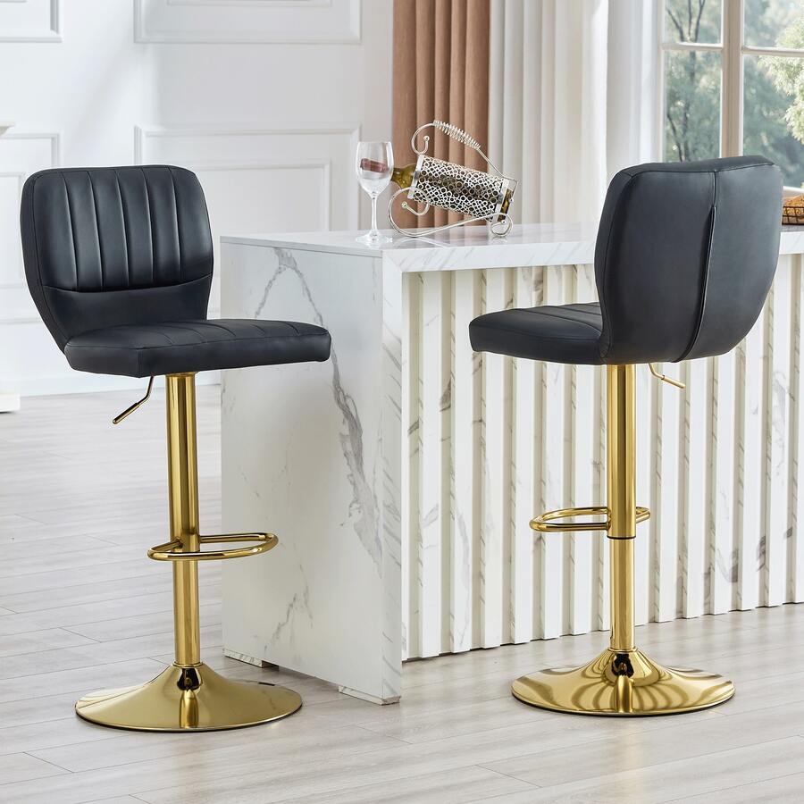 Height-Adjustable Bar Stool / 360° Swivel / With Backrest And Footrest / Upholstered In Leather / Load Capacity 136 Kg - 黑色+金色 - 查看 1