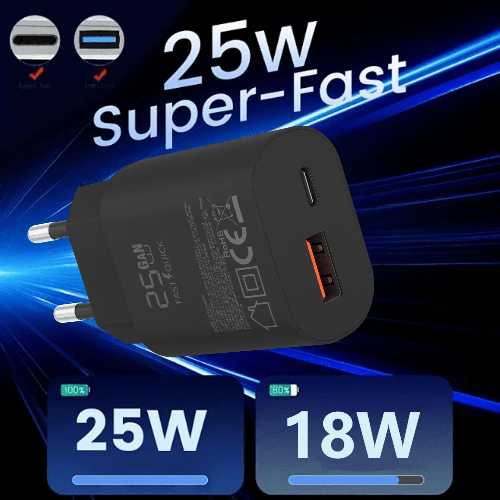 1PC EU Plug 25W Dual Port Fast Wall Charger, USB C & USB A PD QC3.0 Power Adapter Compatible With IPhone 16/15/14/13 - EU C Type Plug(220-240V) - View 1