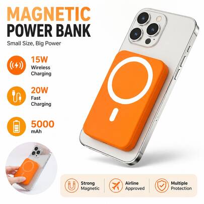Wireless Magnetic Power Bank 5000mAh Slim External Charger Minimalist White Designed For IPhone 15 Pro Max 14 Plus 13 12 Mini 15W Quick Wireless Charging Plus 20W USB C Fast Wired Charging Builtin 32 Class Strong Magnets And LED Power Battery Monitor Slim Compact Lightweight Pocket Friendly Outer Shell Design Perfect For Music Festivals Summer Beach Vacation Travel Essentials