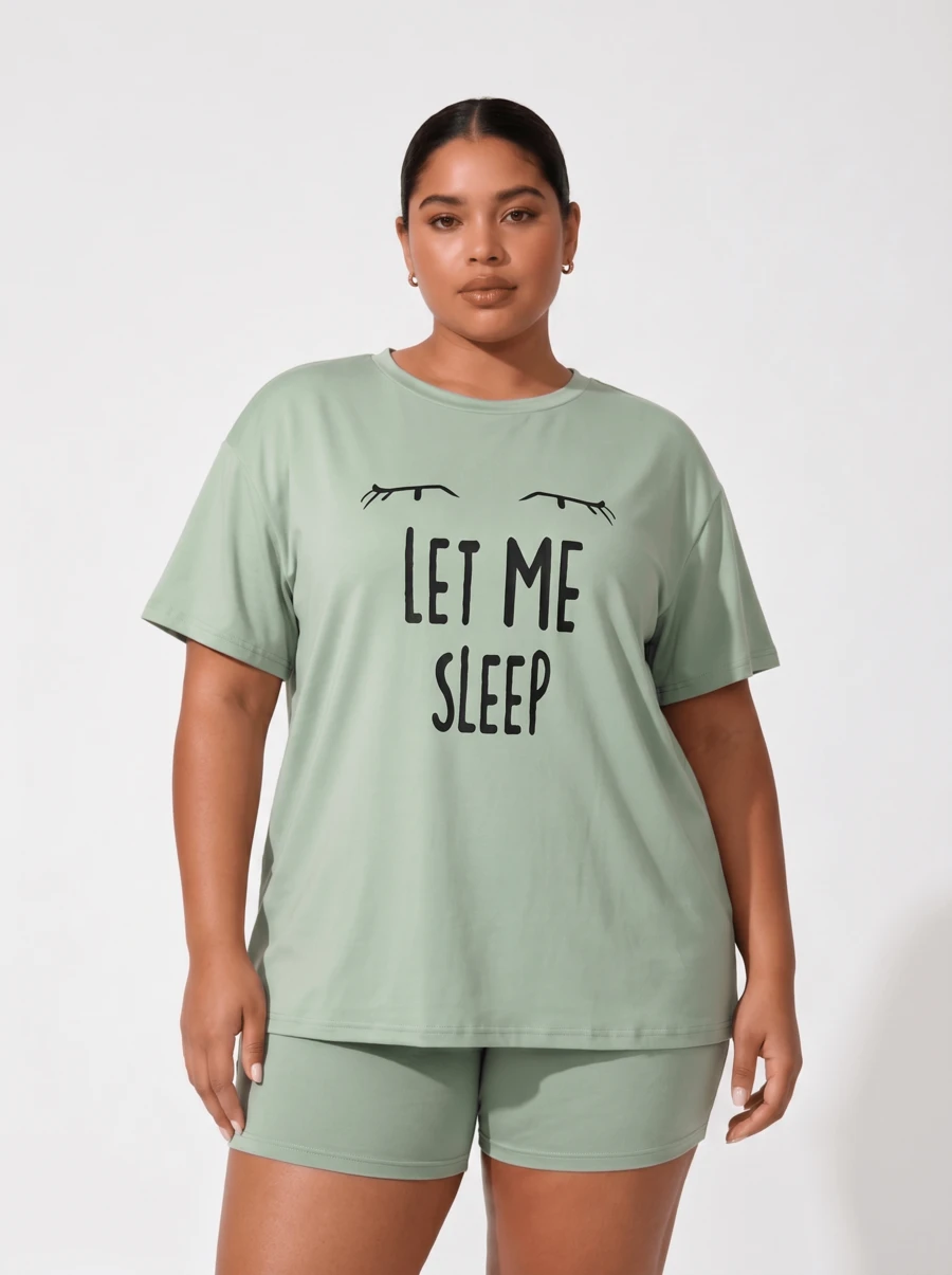 Snug League Plus Size Casual Outfit Set, Featuring Eye & Slogan Print Dropped Shoulder Short Sleeve Round Neck T-Shirt And Shorts Pajama Set, Suitable For Outdoor - Green - View 1