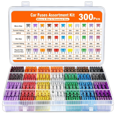 300pcs Car Fuse Set, Including The Following Accessories (160 Mini Fuses, 90 Standard Fuses, 50 Micro Fuses, 1 Fuse Puller). Suitable For Cars, RVs, Trucks, And Motorcycles. Amperage Ratings: (2A, 3A, 5A, 7.5A, 10A, 15A, 20A, 25A, 30A, 35A, 40A)
