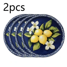 圓形與橢圓形聚酯纖維餐墊 36*36cm,復古檸檬籃與深藍檸檬花卉印花,防水耐熱可水洗,適用於餐桌裝飾與隔熱 - 彩色 - 查看 12