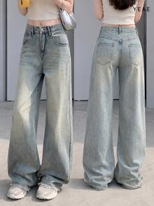 YEAE | Celana Jeans Wanita Model Retro Amerika dengan Potongan Longgar dan Lebar, Pinggang Tinggi, Potongan Lurus, dan Ujung Berumbai, Gaya Kasual Musim Gugur - Light Wash - View 1