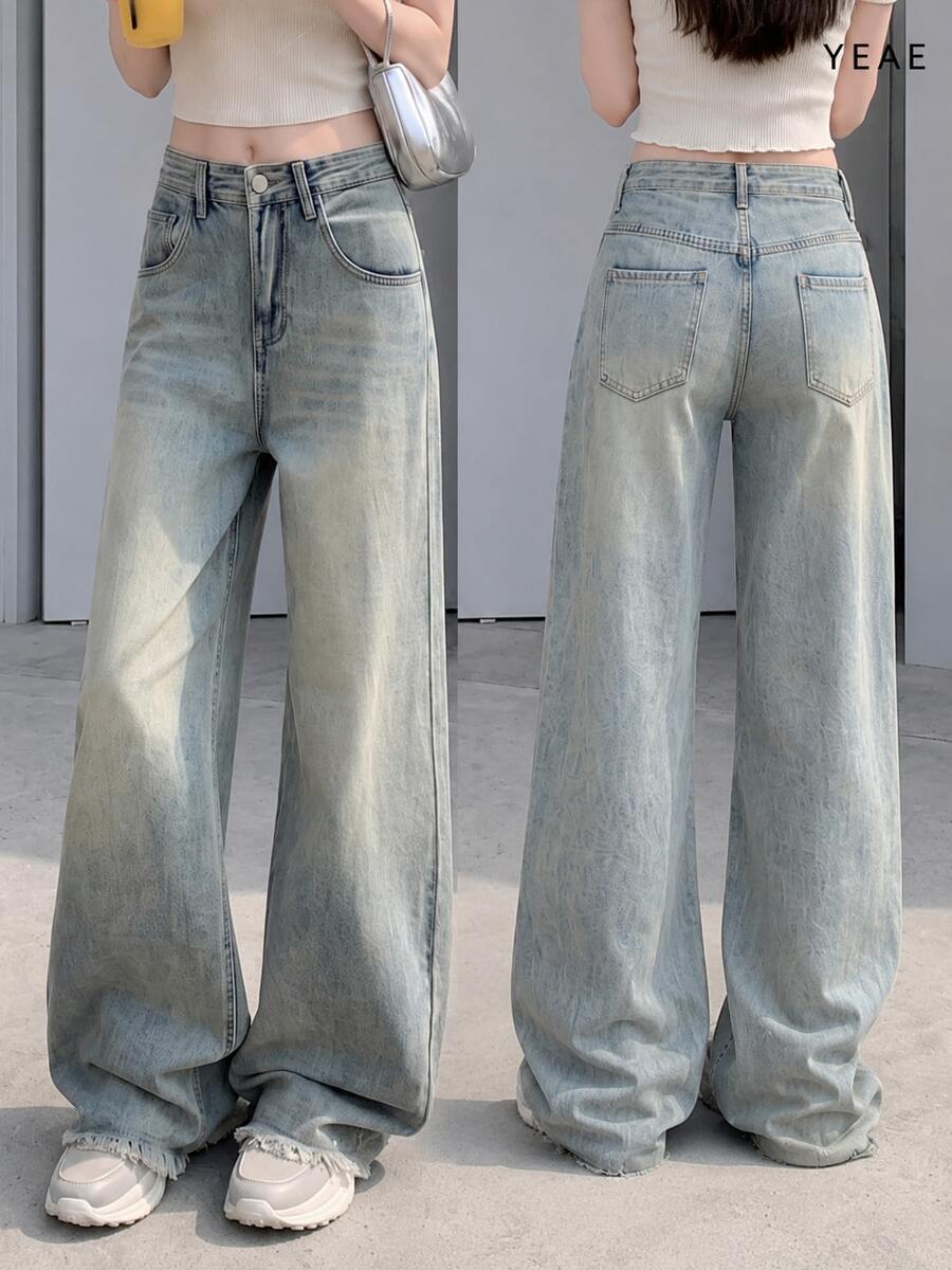 YEAE | Celana Jeans Wanita Model Retro Amerika dengan Potongan Longgar dan Lebar, Pinggang Tinggi, Potongan Lurus, dan Ujung Berumbai, Gaya Kasual Musim Gugur - Light Wash - View 1