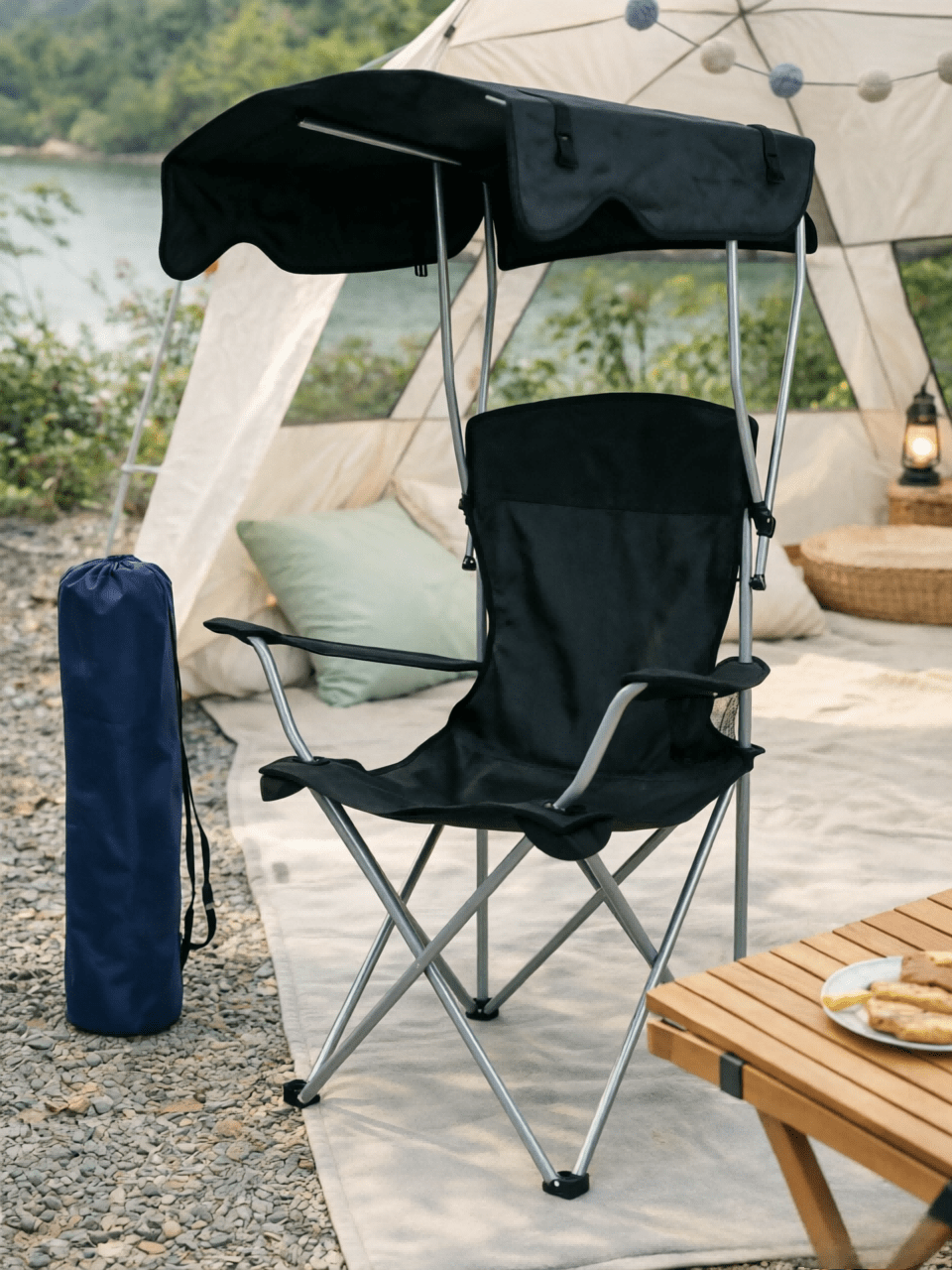 Chaise de camping pliable avec auvent de protection solaire, stable et durable, portable & pliable, disponible en plusieurs couleurs, idéale pour une utilisation en extérieur, à la plage et pour les pique-niques