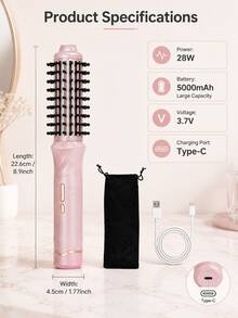 Rechargeable Wireless 3-In-1 Hot Round Styling Brush, Built-In 5000mAh Large Capacity Battery, Portable Anti-Scald Hot Hair Brush, Suitable For Curly, Straight And Voluminous Hairstyles, 3 Temperature Settings, Travel Hair Styling Tool For All Hair Types - B - View 10
