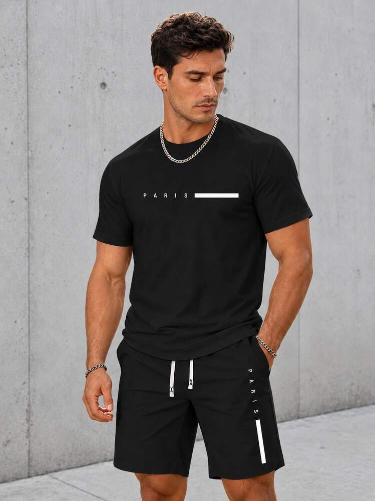 Men's Summer Short Sleeve T-Shirt And Shorts Set, Personalized Paris Letter Print Pattern Fashion Casual Outgoing Outfit, Pockets Sports Elastic Waist Drawstring Pants, 2pcs Set, Suitable For Running, Golf, Fishing, Basketball, Camping, Gym, Swimming And Beach, Great Gift For Husband Or Boyfriend - Multicolor - View 1