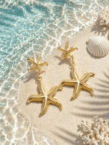 1 Pair Double Starfish Gold Dangle Earrings, Textured Ocean Design For Beach And Vacation Outfits. - Yellow Gold - View 2