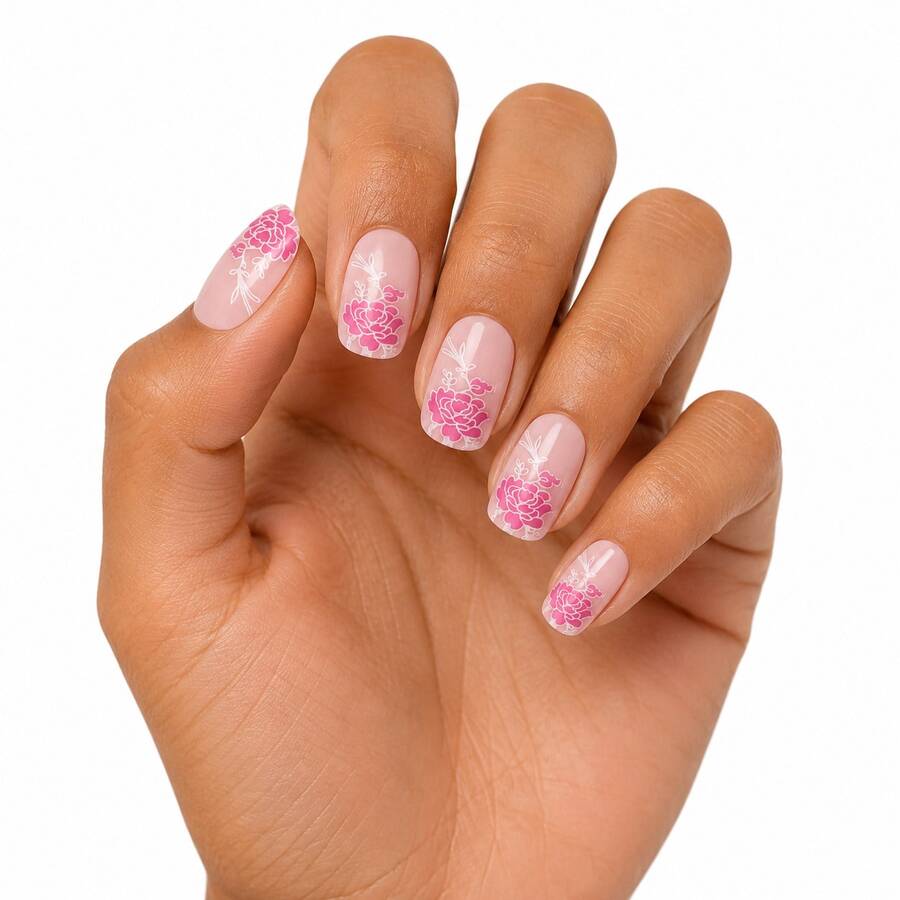 Finger Queen Unhas Postiças Rosa Nude com Floral Lilas Quadradas Curtas 24pcs