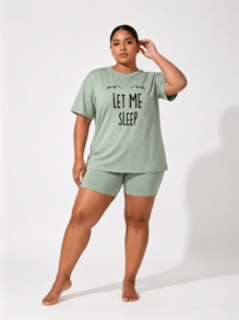 Snug League Plus Size Casual Outfit Set, Featuring Eye & Slogan Print Dropped Shoulder Short Sleeve Round Neck T-Shirt And Shorts Pajama Set, Suitable For Outdoor - Green - View 6
