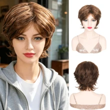 Layered Short Blonde Pixie Wigs For White Women Dark Brown Ombre Blonde Pixie Cut Wig With Bangs Synthetic Natural Looking Daily Party Wig - Multicolor - View 7