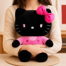 1 pieza Muñeco de peluche de gato lindo negro y rosa con lazo de satén, muñeco de animal de peluche suave, adecuado para decoración de dormitorio, almohada y regalo - Negro - Ver 3