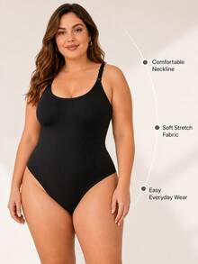 1pc Plus Size Ribbed Seamless Tummy Control Shaping Bodysuit, Round Neck Racerback Adjustable Spaghetti Strap Shapewear, High Elasticity Skin-Friendly Smooth Back-Smoothing Light Compression Shaping Top, All-Day Comfortable Plus Size Women's Shapewear, Suitable For Daily Layering, Commuting, Street Casual And Fitness - Black - View 5