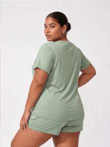 Snug League Plus Size Casual Outfit Set, Featuring Eye & Slogan Print Dropped Shoulder Short Sleeve Round Neck T-Shirt And Shorts Pajama Set, Suitable For Outdoor - Green - View 8