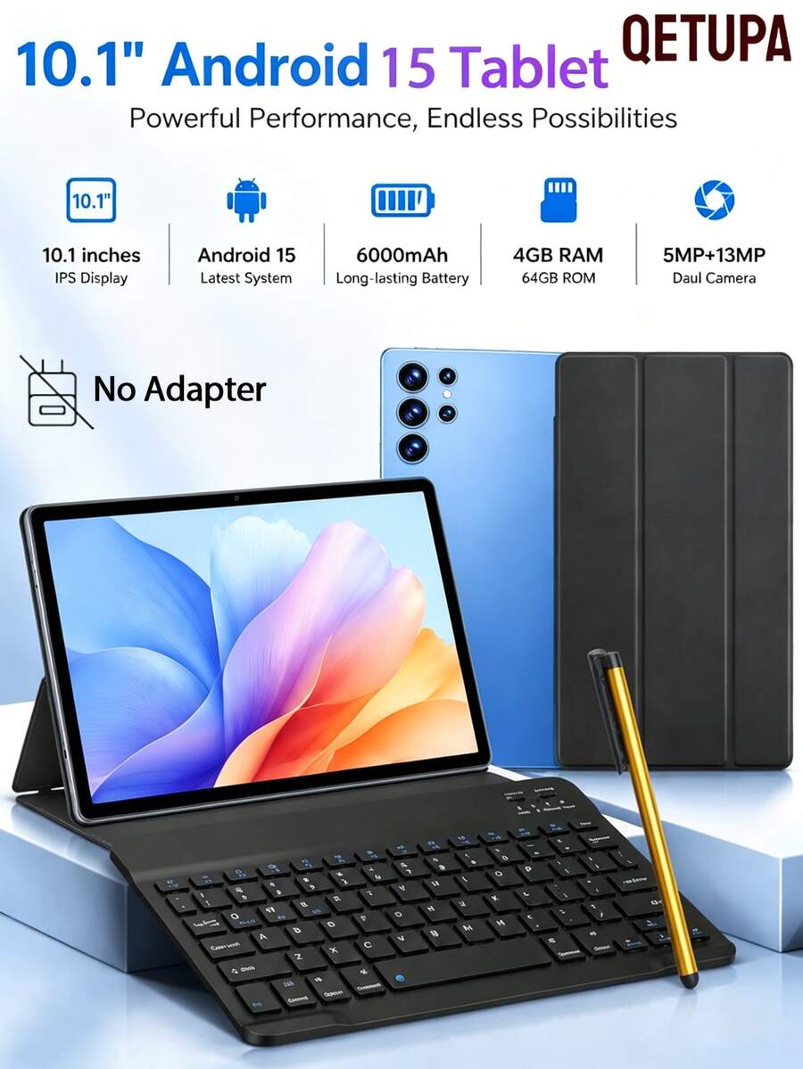 Qetupa 10.1 吋 Android 平板電腦,八核心處理器,4GB RAM,64GB ROM,HD IPS 觸控螢幕,6000mAh 電池,Wi-Fi 6,BT 5.4,5MP+13MP 雙鏡頭(不含適配器) - 藍色 - 查看 1