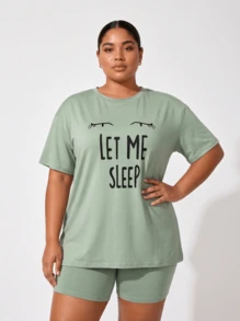 Snug League Plus Size Casual Outfit Set, Featuring Eye & Slogan Print Dropped Shoulder Short Sleeve Round Neck T-Shirt And Shorts Pajama Set, Suitable For Outdoor - Green - View 9