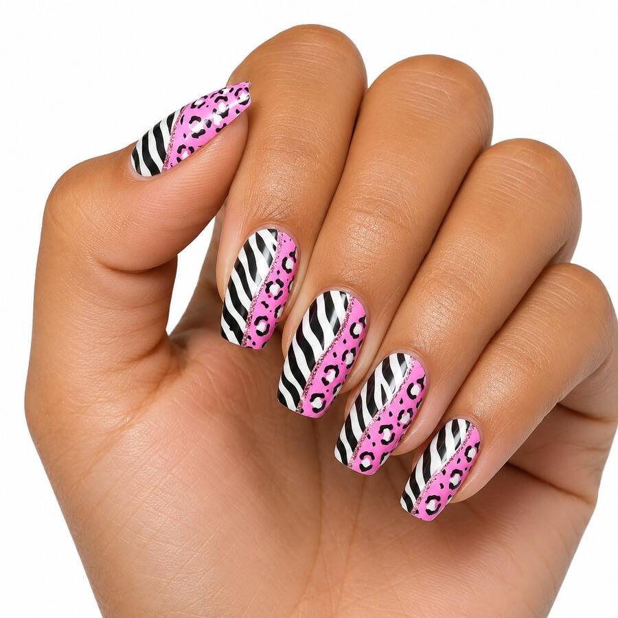 Finger Queen Short Square False Nails, Pink Animal Print, 24 Pieces - Pink Animal Print - View 1