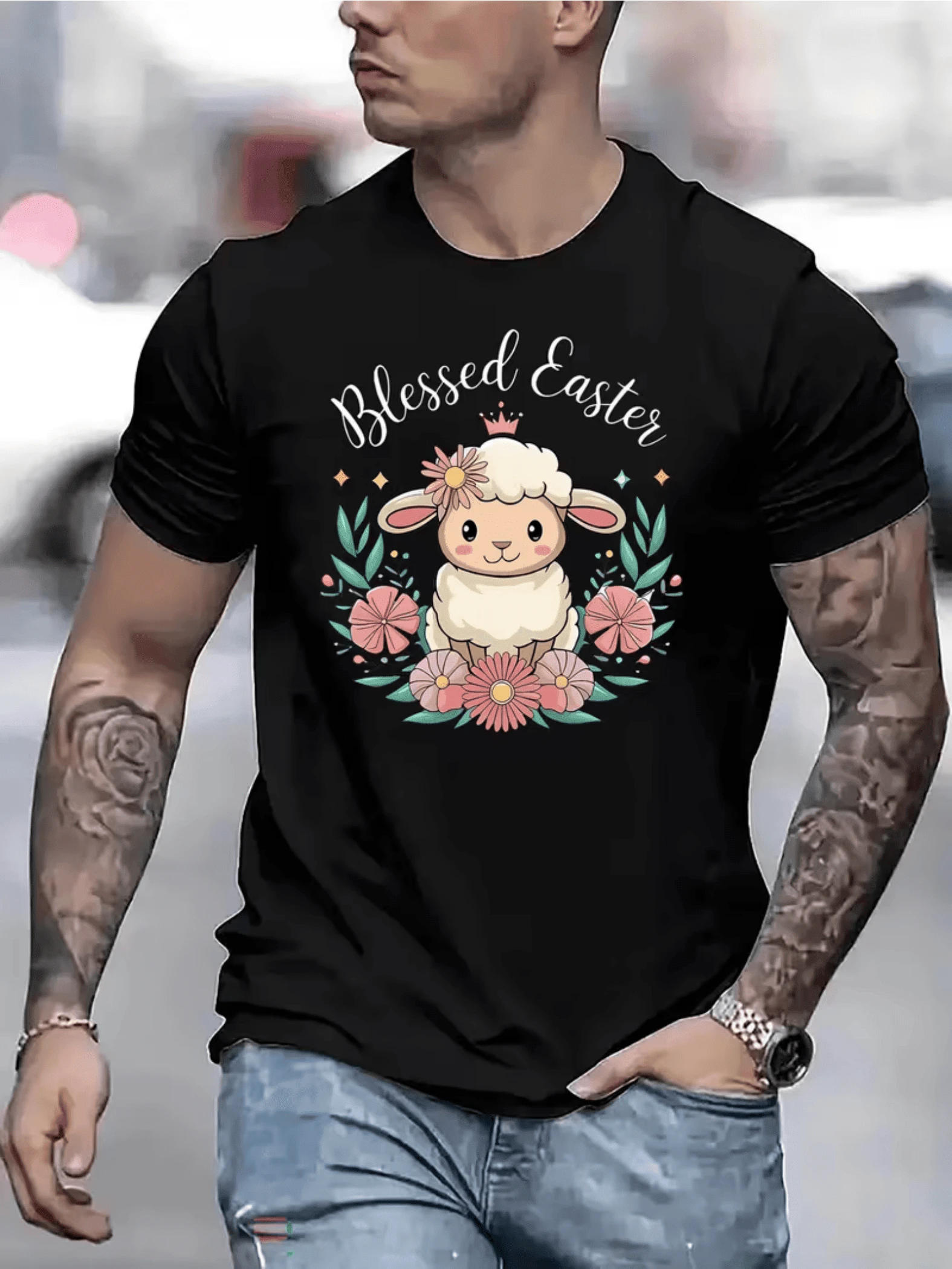 Colorful Smiling Rabbits With Flowers And Decorated Egg Conveying Joy And Festive Energy - Men's T-Shirt - 黑色 - 查看 1