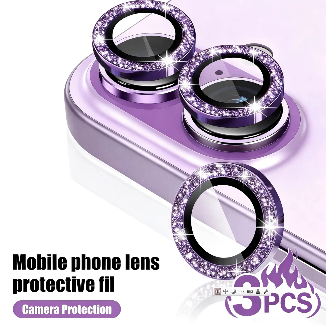 XINHONGYU 3件組紫色亮面亮片水鑽相機鏡頭保護膜,相容 iPhone 17 Pro Max Plus 16 15 14 13 12 Mini 11,鋼化玻璃螢幕保護貼,家人朋友生日禮物,閃亮水晶,鏡頭保護膜,手機配件,防水、防震、防摔、防刮、防指紋全覆蓋 - 紫色 - 查看 1