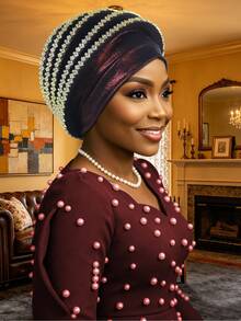 1pc Shiny Satin Rhinestone-Studded Hood, Nigerian-Style One-Piece Headscarf, Perfect For Wedding Party Dresses. - Multicolor - View 9
