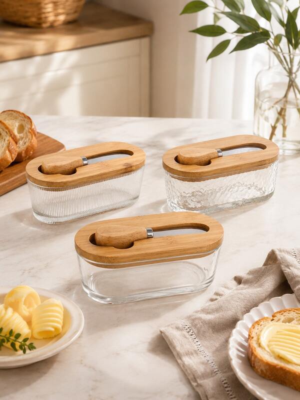 1pc Mini Butter Dish With Knife, Suitable For Table Decoration, Home Kitchen Dining Plate