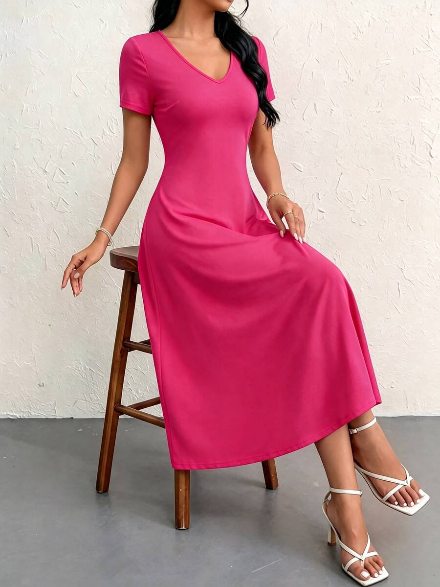 Women's Wedding Maxi Gown, Formal Occasion Long Dress With V-Neck Design, Minimalist Elegant & Sophisticated Style,Vacation Outfit Women - Red - View 1