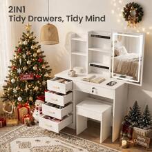 2-In-1 White Vanity Desk Set With LED Lighted Mirror & Stool, 5 Drawers, Lockable Drawer, Hidden Storage Shelves, Makeup Vanity Table For Bedroom, Gift For Women & Girls - White - View 6