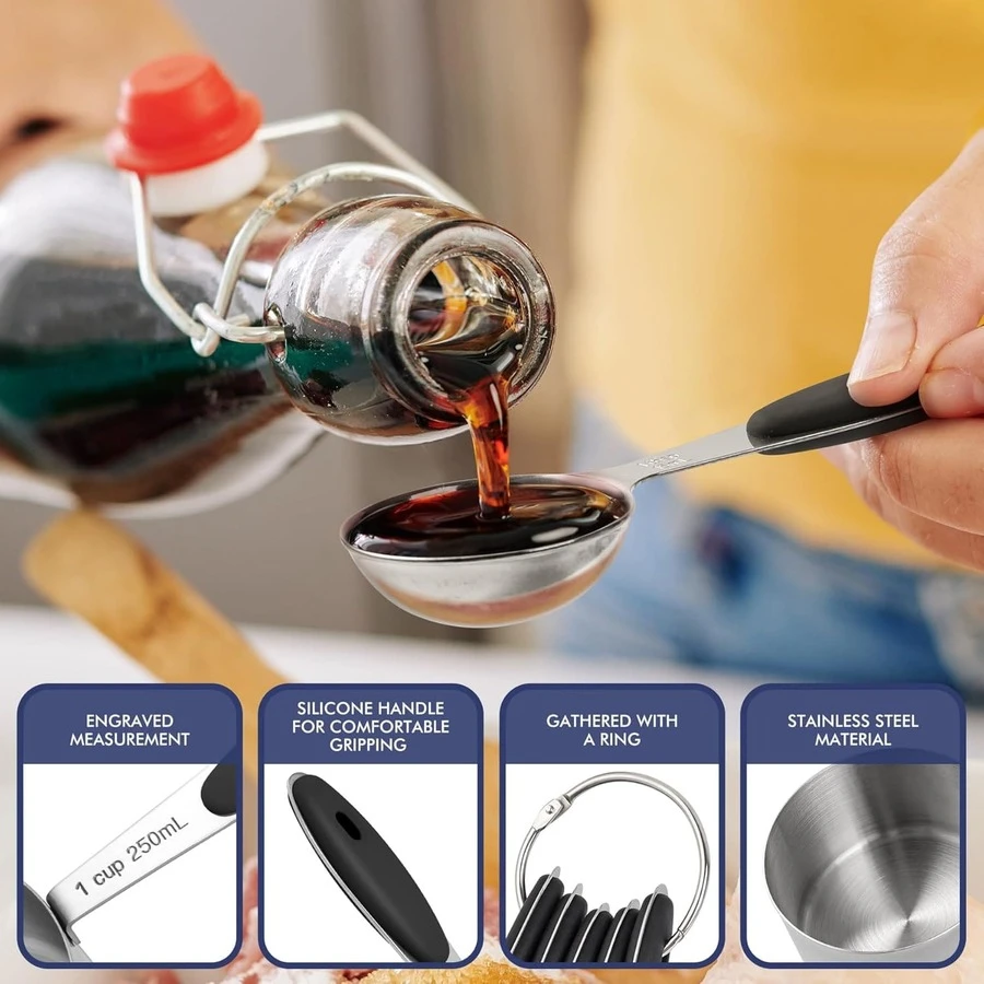 Measuring Cup And Spoon Set, Stainless Steel Measuring Cup And Spoon Set, Graduated Measuring Cup And Spoon Set, Stackable Measuring Cup Set, Suitable For Dry And Liquid Ingredients - Kitchen Supplies - Baking Tools - Black - View 1