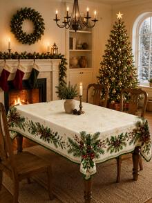 1pc Watercolor Pine Cone & Holly Berry Print Round Tablecloth, Suitable For Neutral Winter Decor, Home Decor, Room Decor, Bedroom Decor, Garden, Kitchen, Farmhouse Style Holiday Party And Christmas Celebration - Multicolor - View 4