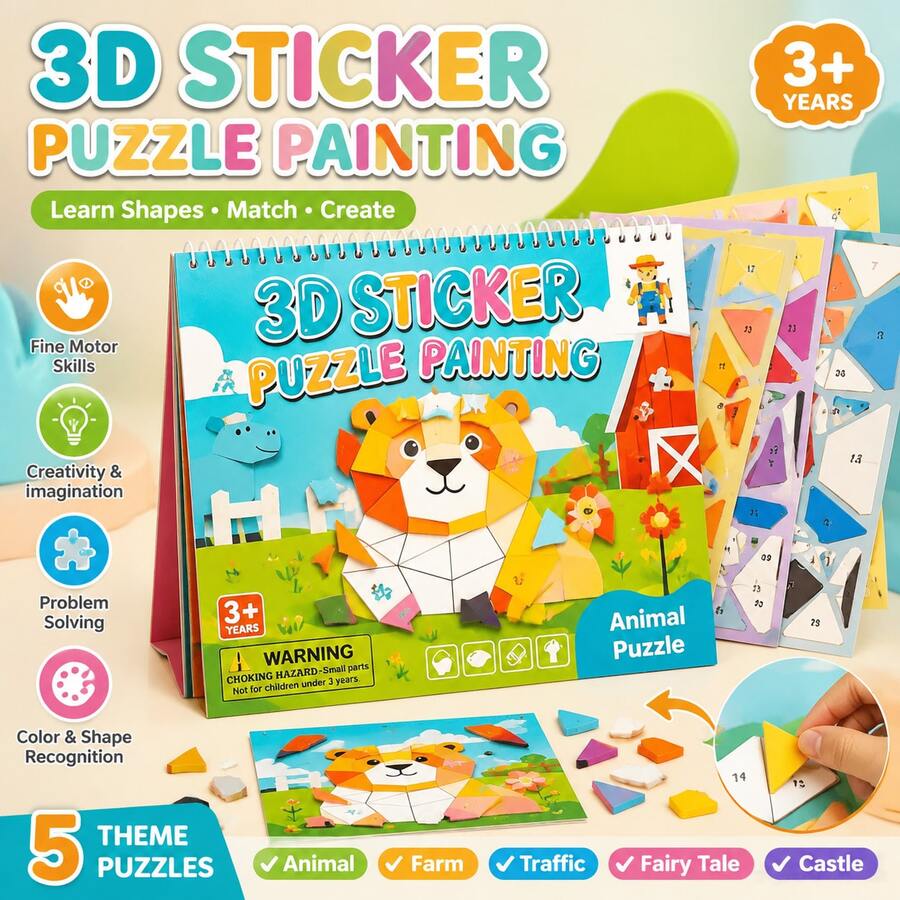 兒童3D貼紙拼圖繪畫，動物與交通主題DIY貼紙書，適合幼兒
