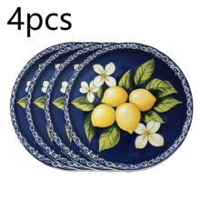 圓形與橢圓形聚酯纖維餐墊 36*36cm,復古檸檬籃與深藍檸檬花卉印花,防水耐熱可水洗,適用於餐桌裝飾與隔熱 - 彩色 - 查看 11