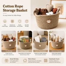 1PC Khaki Cotton Rope Storage Basket, Cute Bear Pattern Woven Storage Basket, Decorative Storage Bin For Desktop, Shelf, Bedroom, Wardrobe, Living Room - Multicolor - View 5