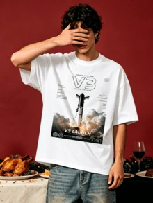 Chemise d'été décontractée pour hommes, col rond doux, manches courtes, imprimé graphique typographique thème spatial fusée V3 Starship, convient pour un usage quotidien - Blanc - Voir 3