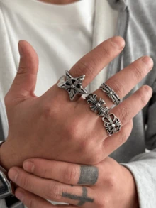 4pcs Set Punk Gothic Style Metal Rings, Cool Gift For Men, Party Accessories, Best Gift For Boyfriend - Antique Silver - View 2