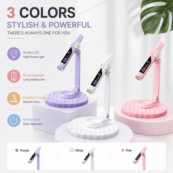 LIMEGIRL 3W UV LED 美甲燈，360°可旋轉便攜式凝膠美甲烘乾機，USB充電快速固化燈，附可調節支架，適用於壓克力與凝膠美甲，適合DIY與居家美甲沙龍，白色、粉色與紫色