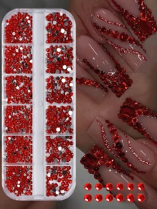 12-Grade Strass Vermelho para Unhas, Cristais de Vidro Vermelho com Base Prateada de Bottom Plano, Pedras Preciosas 3D para Decoração de Arte de Unhas, Adequado para Unhas Acrílicas, Pedras de Unhas Meia-Lua e Vários Tamanhos, Decoração de Arte de Unhas DIY, Suprimentos de Strass para Unhas, Encantos de Unhas - Multicolorido - Visão 2