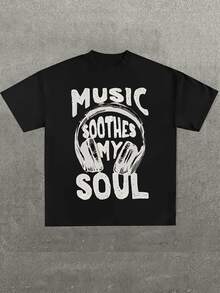 Men's Plus Size T-Shirt, Music Calms My Soul, (1 Piece) 100% Cotton, Casual Printed T-Shirt, Crew Neck, Short Sleeve, 220g Cotton T-Shirt, For Going Out, Gift, See - 黑色 - 查看 1