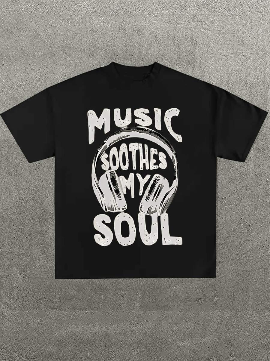 Men's Plus Size T-Shirt, Music Calms My Soul, (1 Piece) 100% Cotton, Casual Printed T-Shirt, Crew Neck, Short Sleeve, 220g Cotton T-Shirt, For Going Out, Gift, See - 黑色 - 查看 1