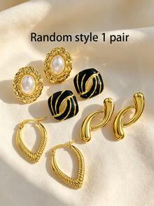 4 Pairs Stainless Steel Earrings Set, Pearl Stud Earrings, Teardrop Pendant Earrings, Gold Enamel Black Flower Pearl Earrings, Elegant Petal Texture Floral Jewelry, Geometric Vintage Water Drop Earrings, Suitable For Daily Commute, Party, Wedding, Different Occasions Jewelry Accessories - Multicolor - View 6
